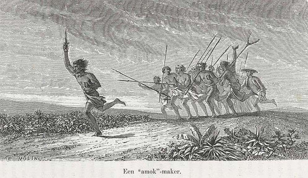 Crowd chasing an amok runner in Indonesia, 19th century engraving